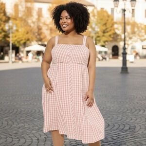 NWT Torrid Womens 2X 18/20 Peach Cream Gingham Button Top Midi Dress Square Neck